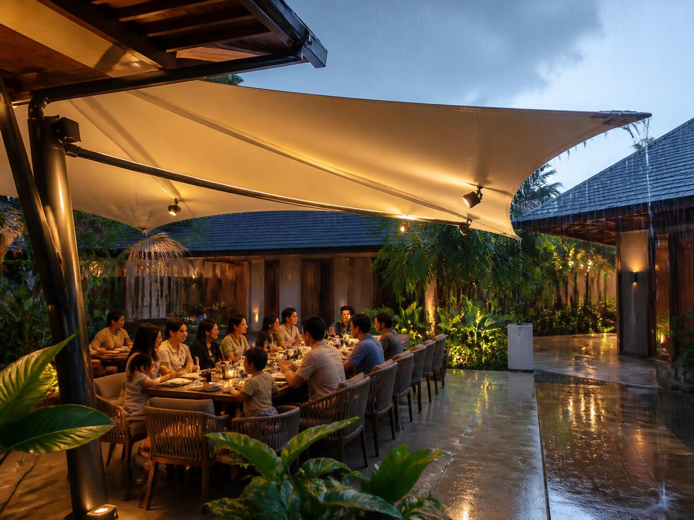 Royal Courtyard with the flexible cream canopy deployed while rain falls beyond its edge