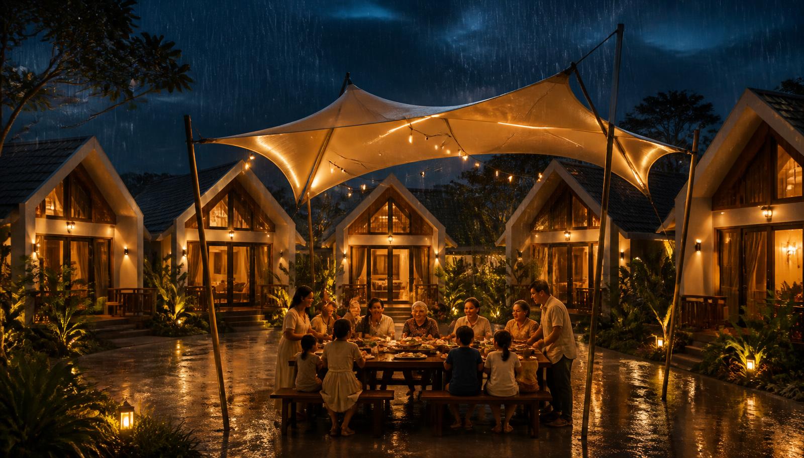A Filipino family sharing dinner under the warmly lit Royal Courtyard canopy while rain falls beyond its edge