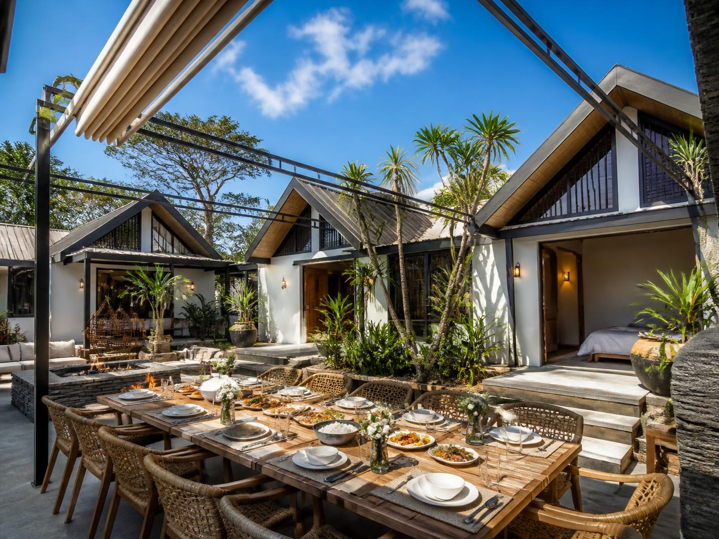 Royal Courtyard open to a blue Tagaytay sky with the family table set for lunch