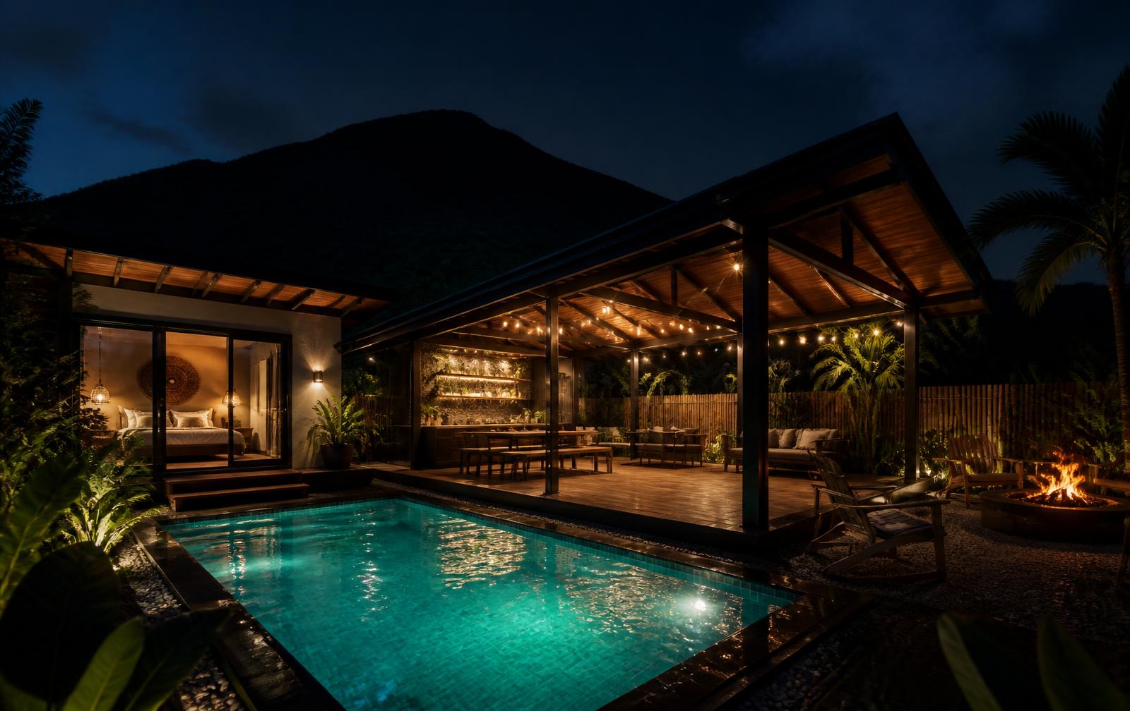 Evening pool, string lights and bonfire