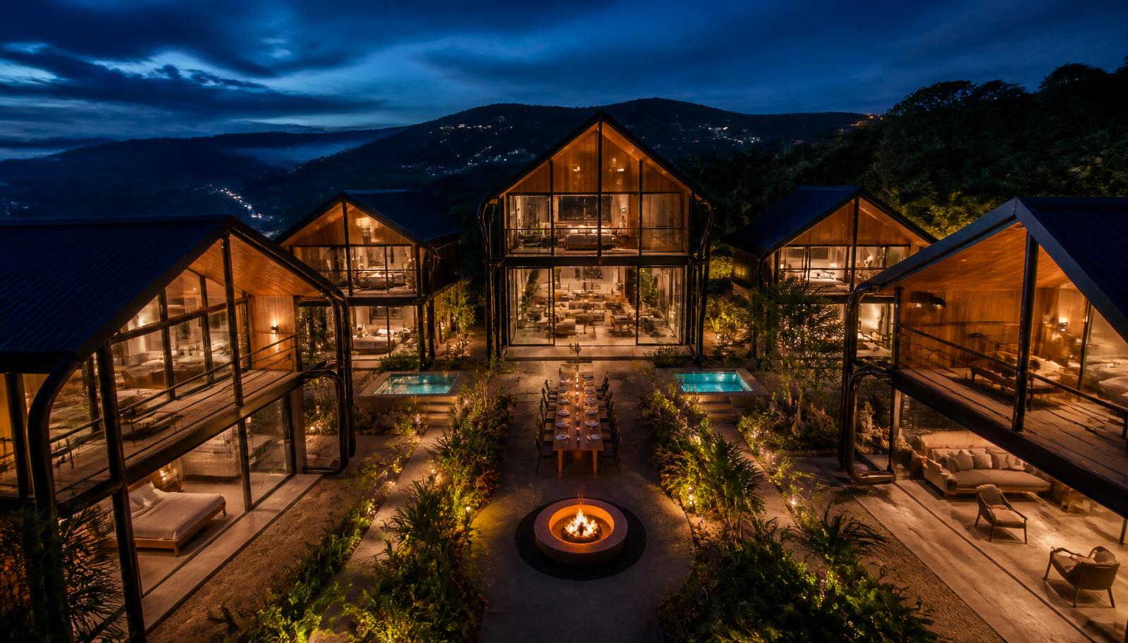 Five Uwina Rodeo Hills loft villas around the illuminated Royal Courtyard at dusk