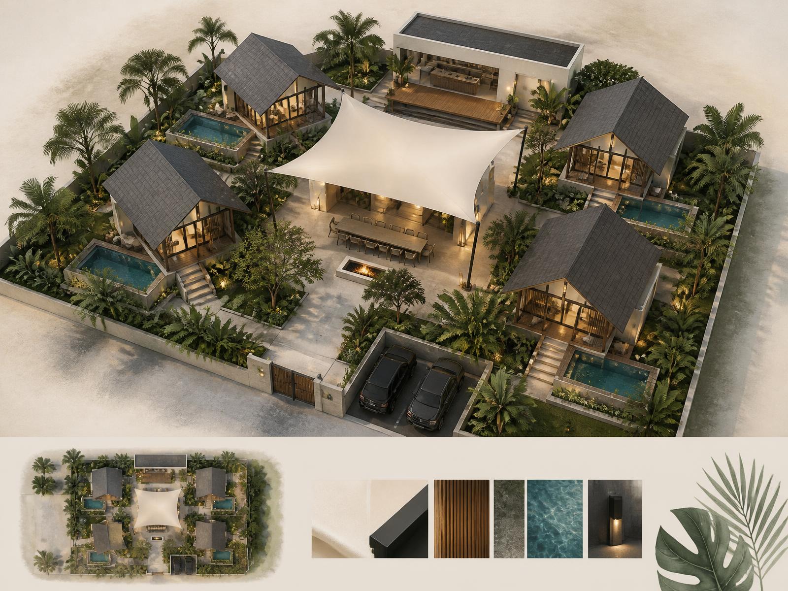 Uwina Rodeo Hills conceptual 450 sqm master plan: five streamlined-roof loft villas with private compact pools around a Royal Courtyard under a flexible cream weather canopy, with Royal Kitchen, parking and tropical landscaping