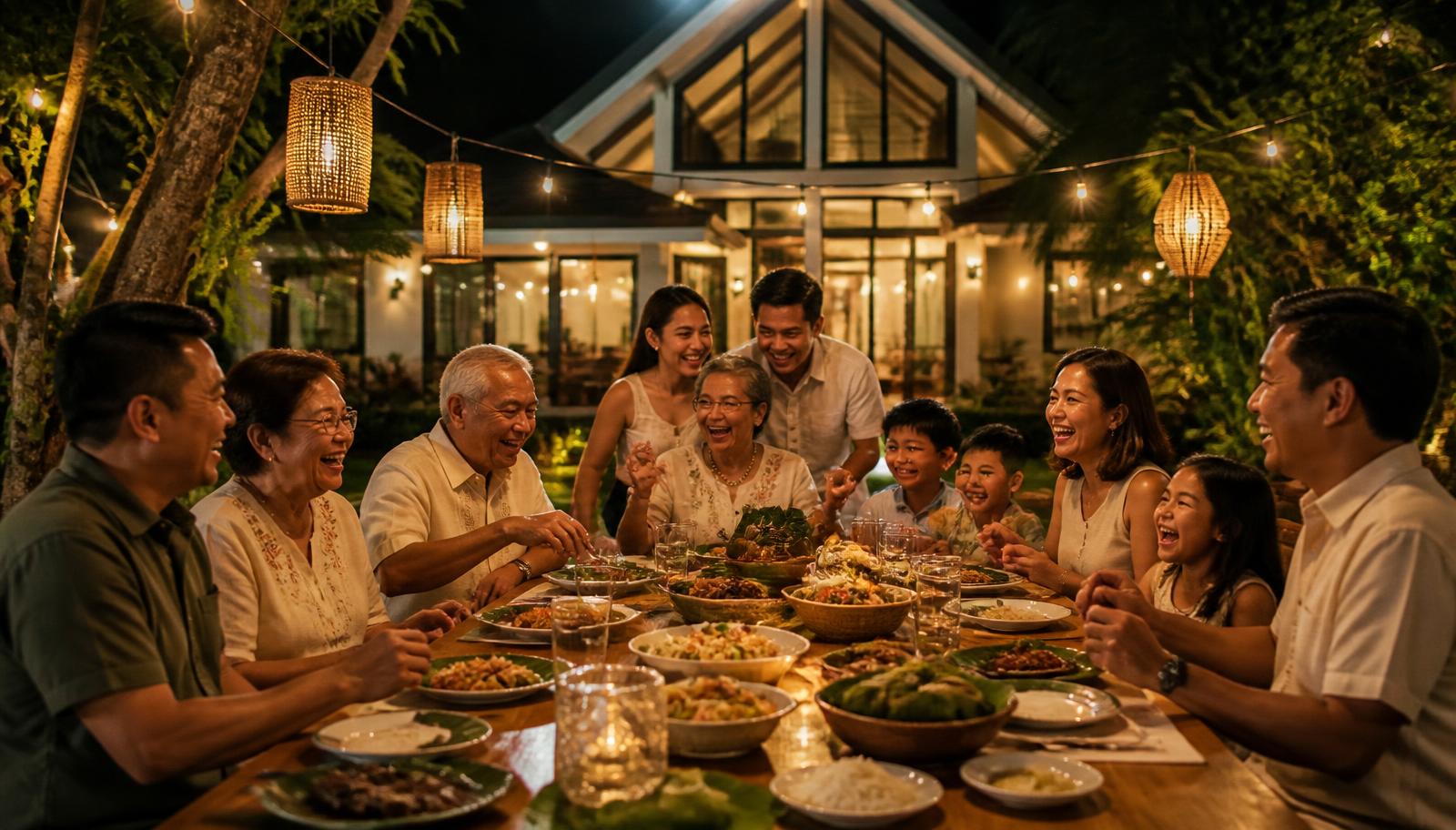 Three generations of a Filipino family sharing one long table at Uwina