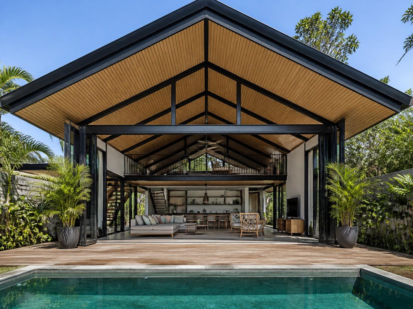 Uwina villa by day with the sliding glass walls fully open