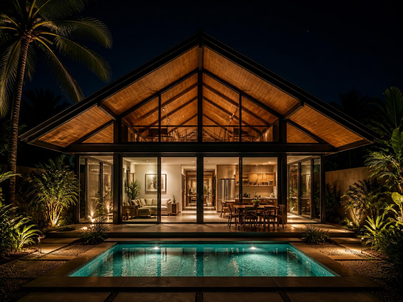Uwina villa at night with the sliding glass enclosure closed
