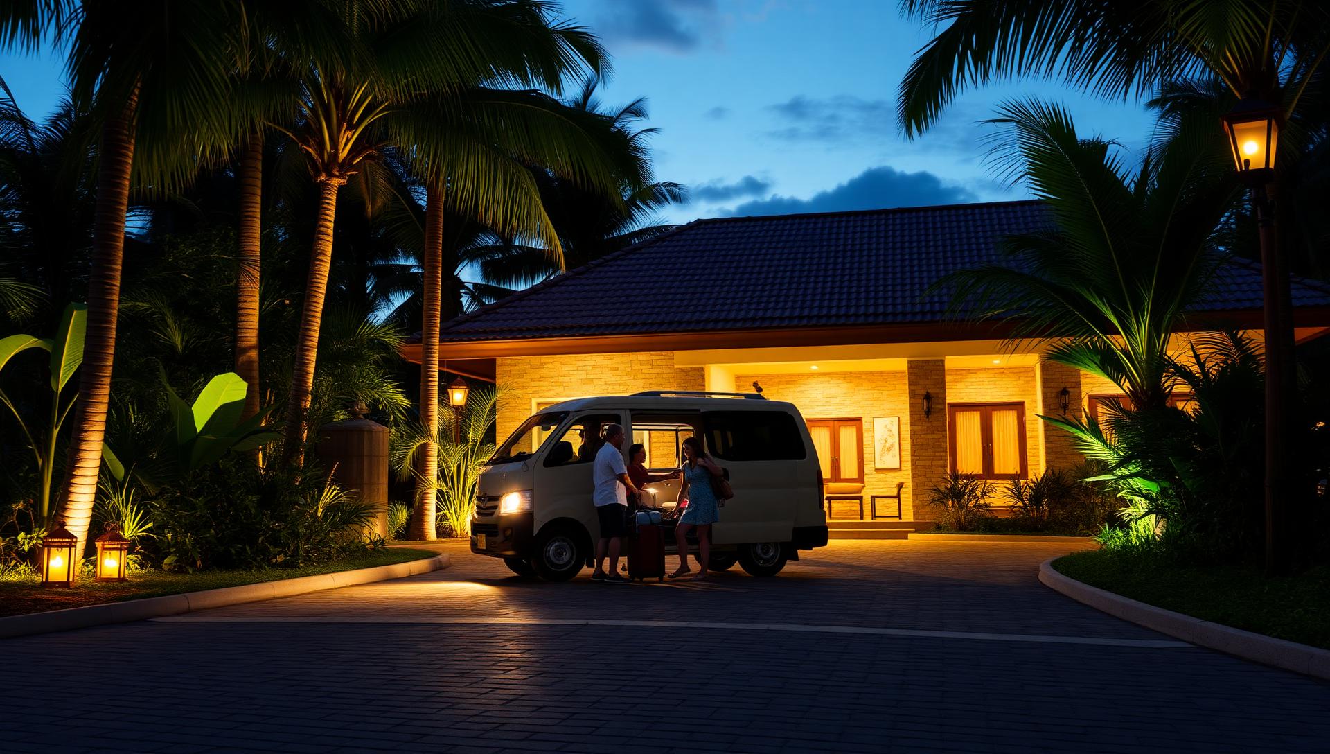 Balikbayan family reunion arriving at a lantern-lit Uwina villa driveway in the evening