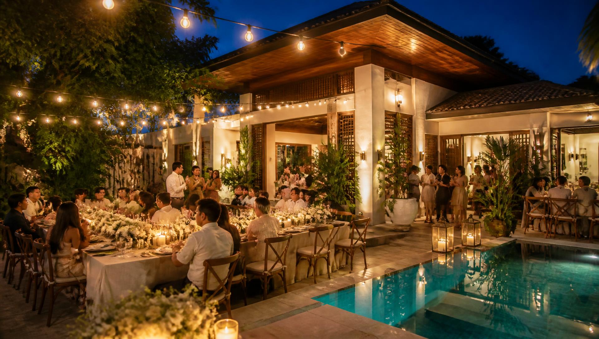 Uwina villa set for an evening celebration with flowers, candles and pool reflections