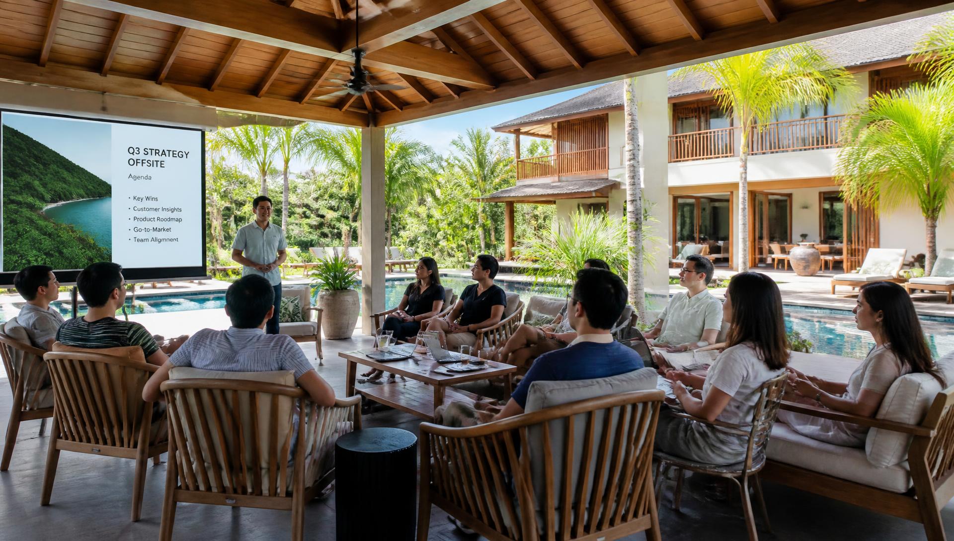 Corporate team in an open-air pavilion at a Uwina villa resort