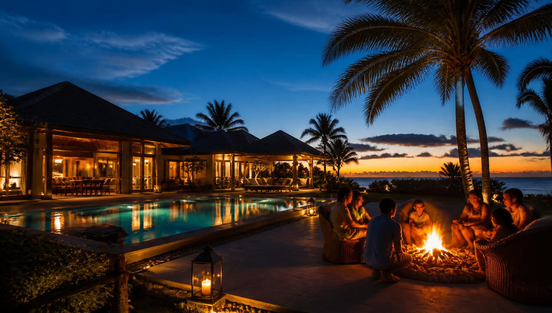 Uwina villas at night with warm lights, pool reflections and a family around the bonfire