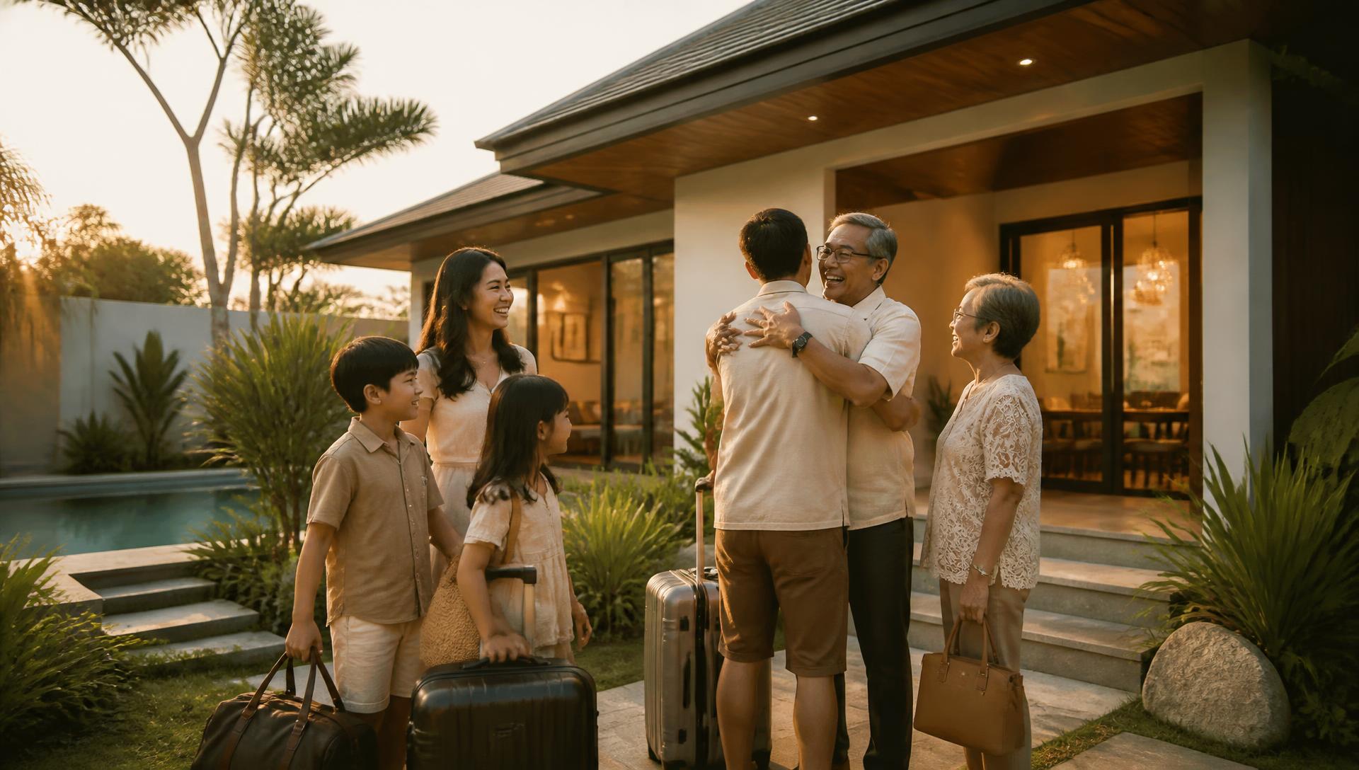 Filipino multigenerational family arriving at a Uwina villa at golden hour