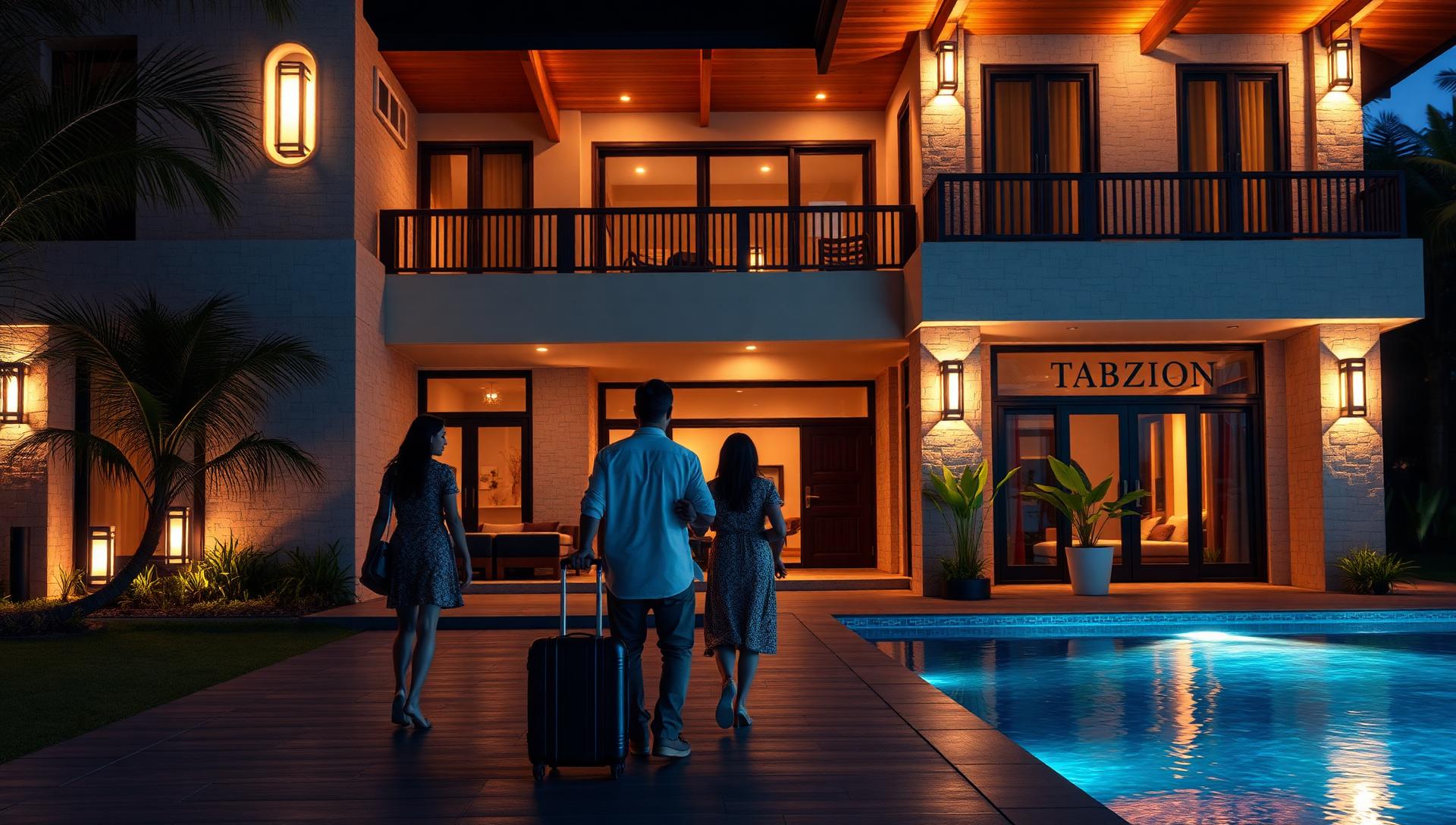 Filipino multigenerational family arriving at a warmly lit Uwina villa in the evening