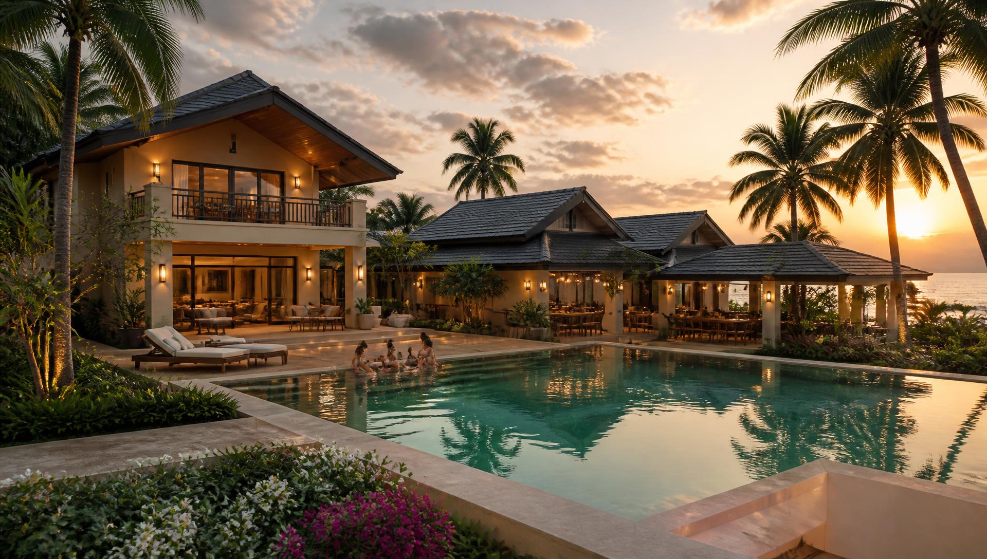 Uwina villas at sunset with warm lighting, pool reflections and palms