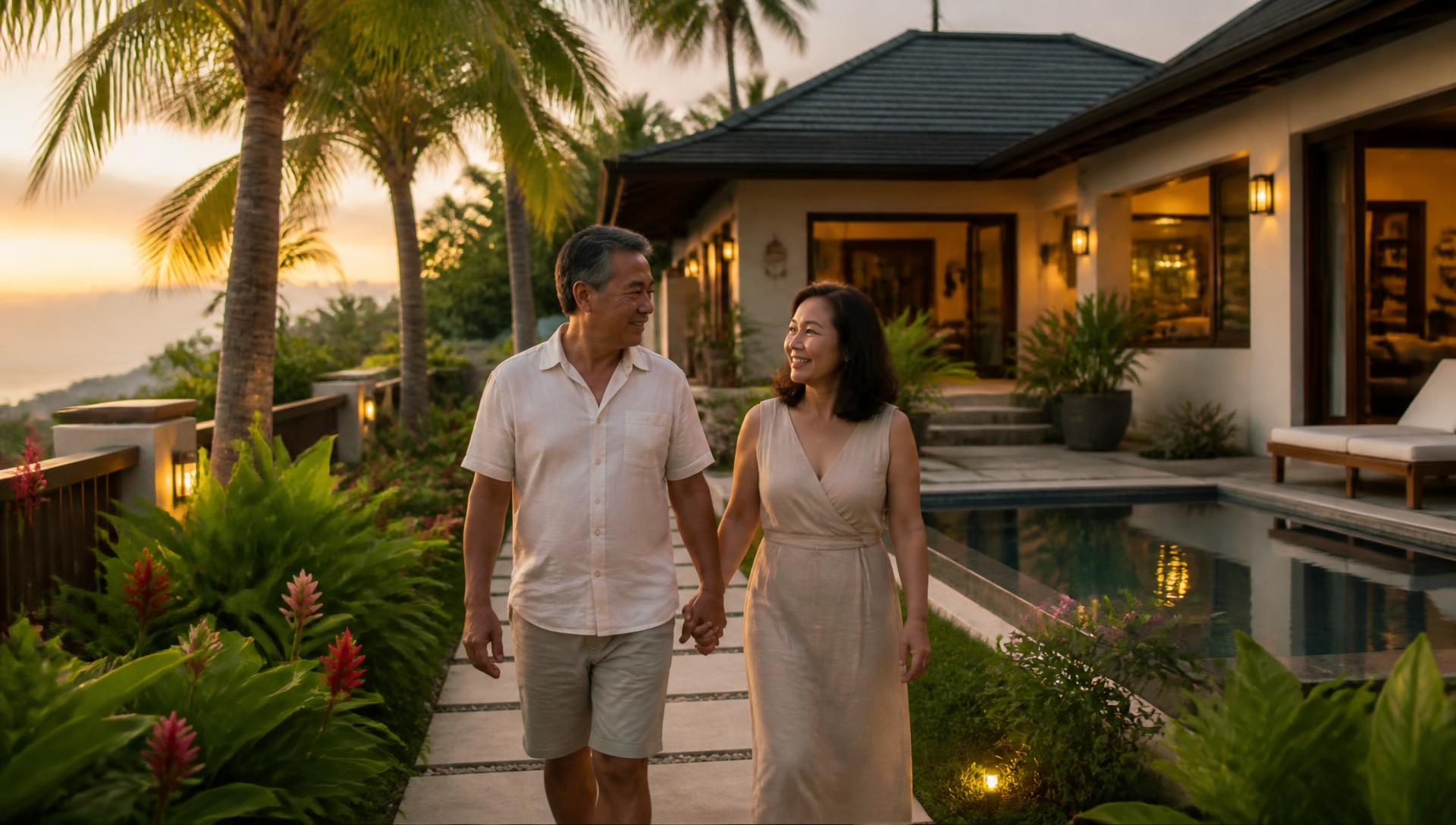 Mature couple walking through Uwina villa gardens at sunset