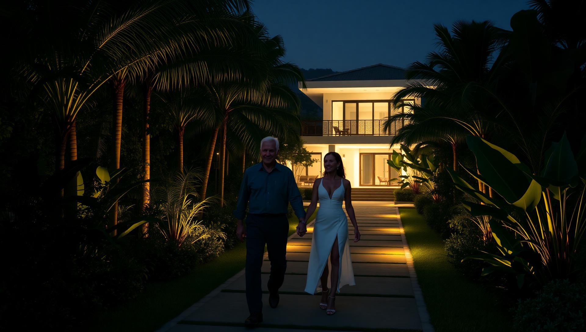 Uwina villa garden at night with warm lanterns and quiet pathways