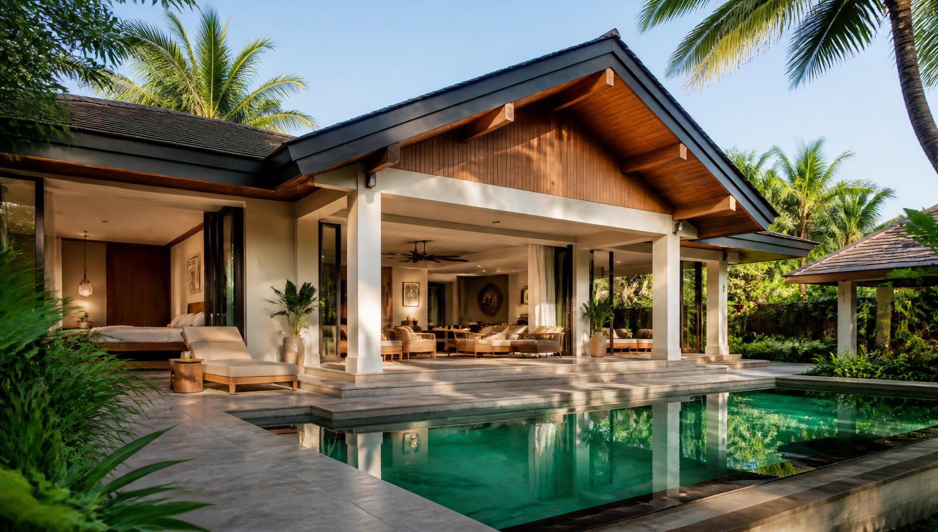 Uwina private villa exterior with plunge pool, timber ceiling and sliding glass doors