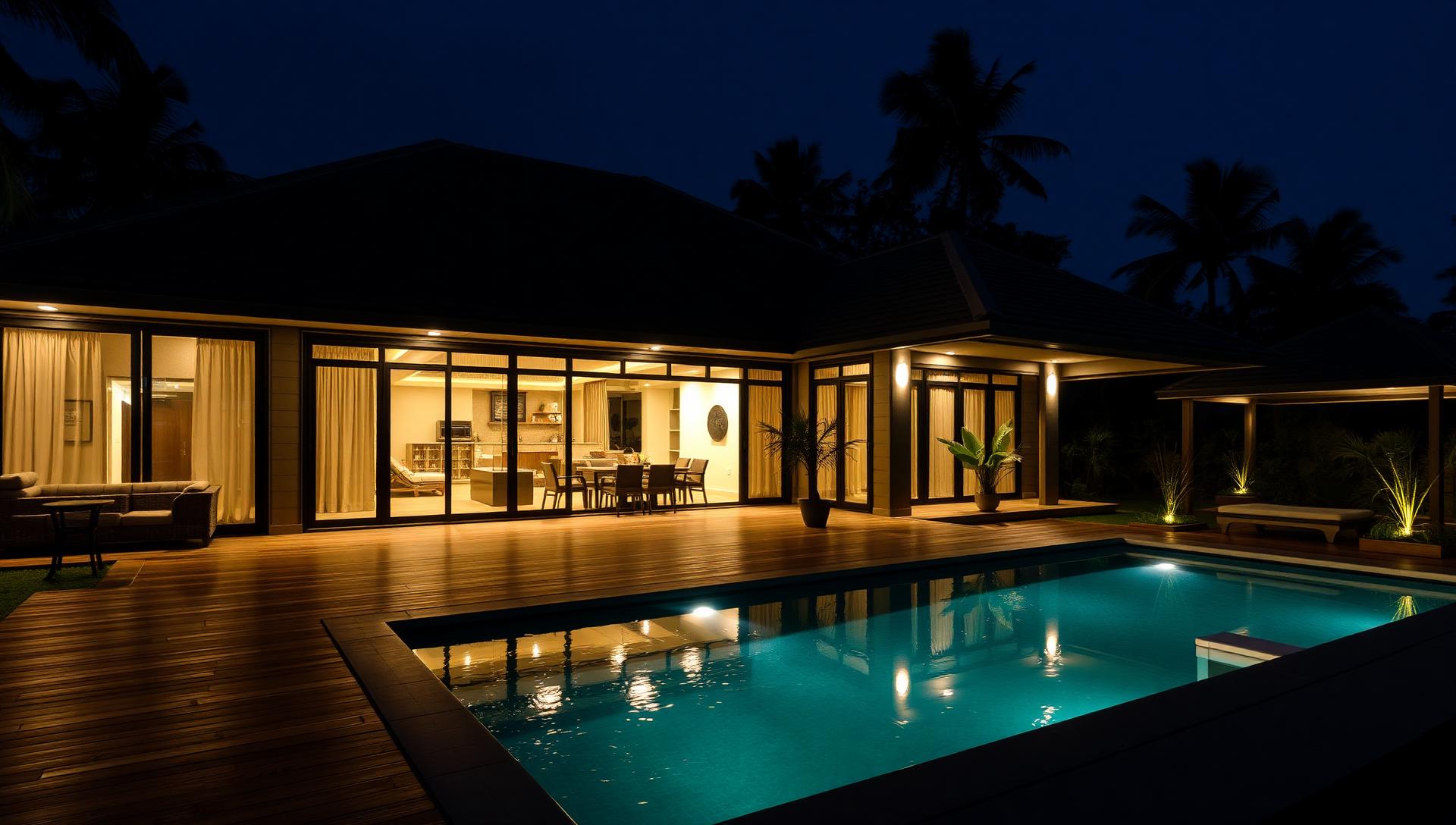Uwina villa at night, warmly lit, modern Filipino and Balinese design